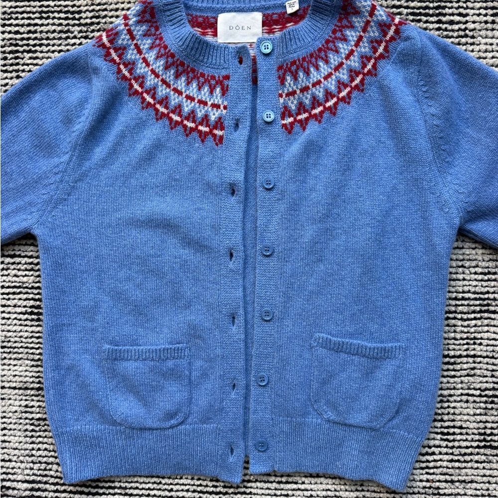 Blue Crewneck Cardigan with Red Fair Isle Yoke